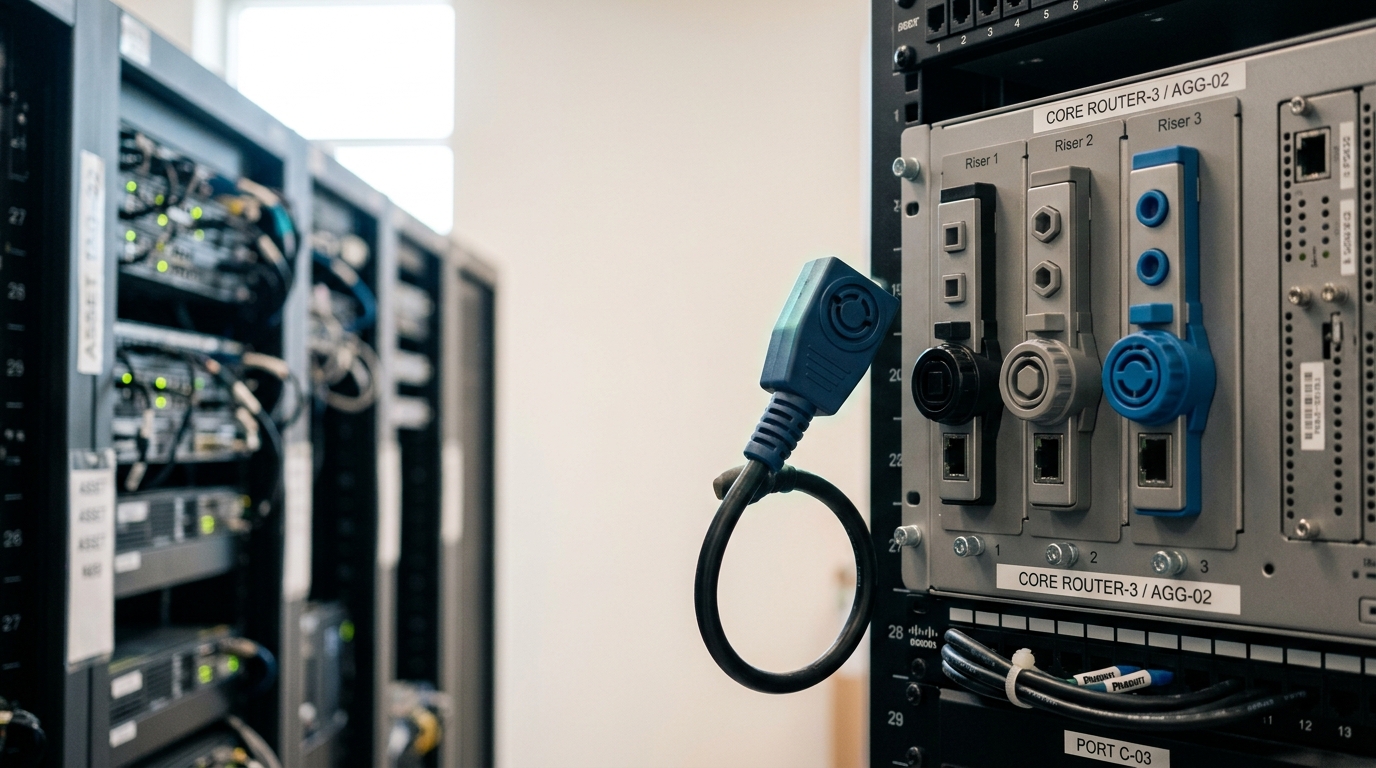 A small routing chassis with three differently keyed connector risers, one plug caught lifted clear of one keyed position and not yet seated in the next