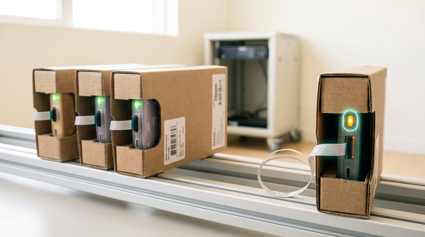 A steel rack of boxed retail phones and tablets wired into a build-validation harness, the flagship and mid-tier cartons already lit green, the budget-tier carton's indicator still amber with its build cable not yet seated