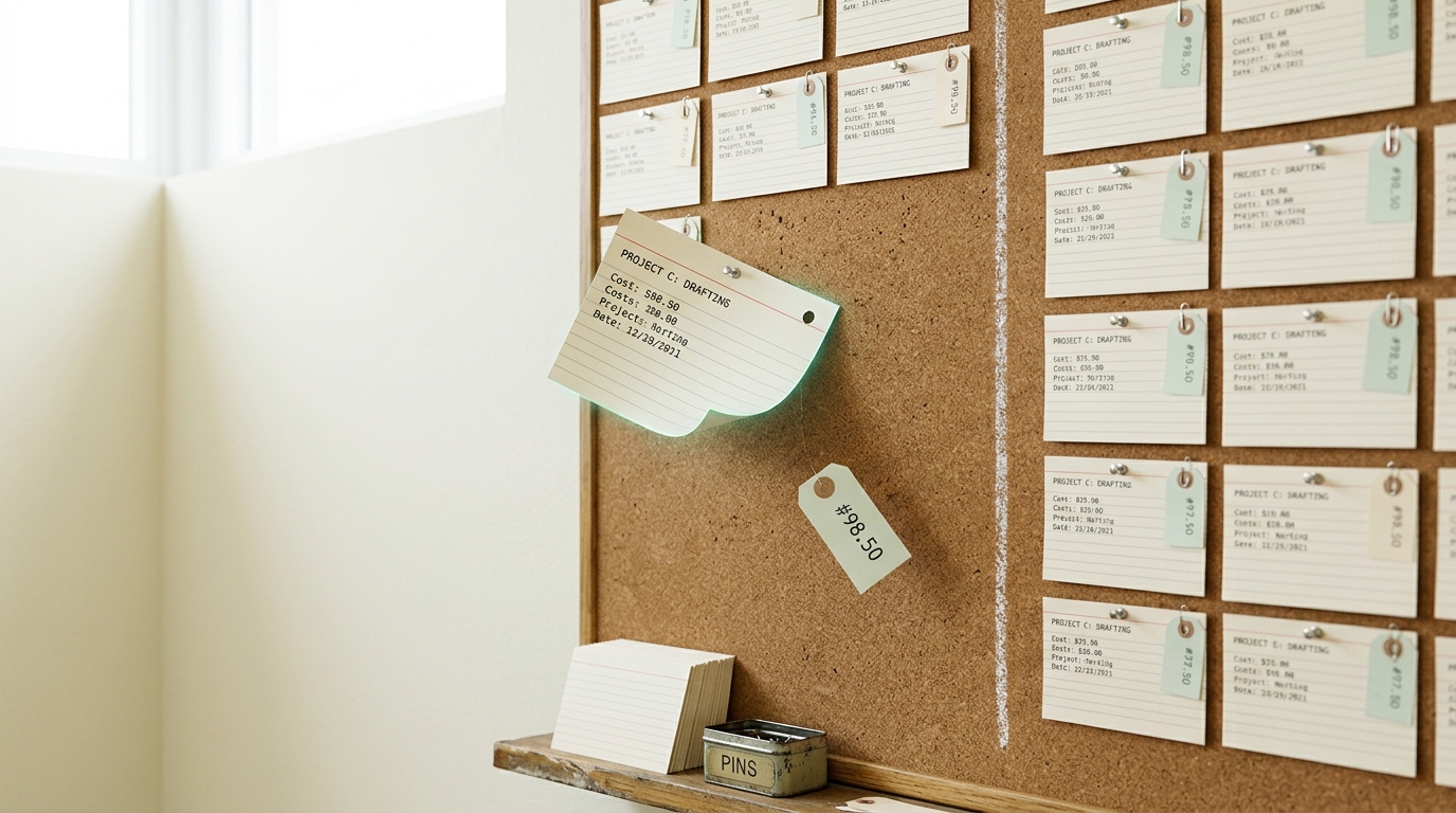 A cork decision board with printed index cards pinned in two labelled columns, one card carrying a small clipped cost tag caught lifted half off the board mid-move from one column toward the other