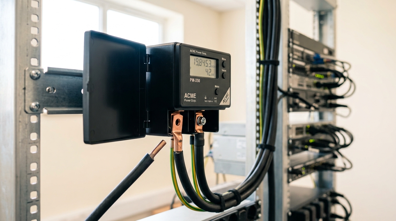 A rack-mounted power meter wired into a training pod's power whip with its cover panel still open, one lead resting unlanded beside its terminal, a slice of server rack running behind it