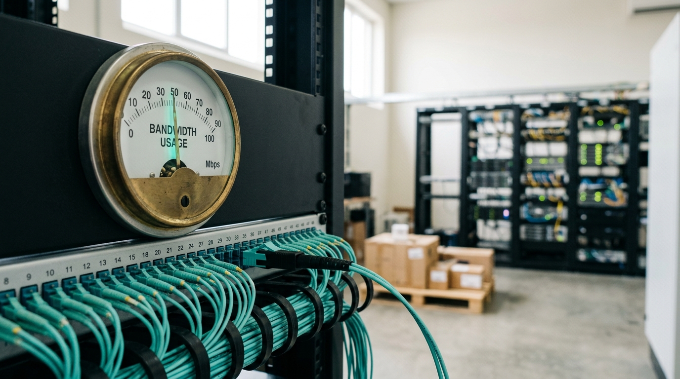 A rack-mounted bandwidth meter wired into a network patch panel, its dial needle caught mid-climb, one fibre patch cord just seated into an open port beside older cords already dressed into a cable manager