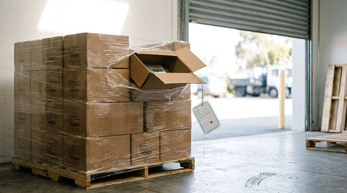 A shrink-wrapped pallet of device cartons staged for a fleet update rollout, one carton's flap caught half-lifted with a shipping manifest tag hanging loose, a loading-bay door open beyond