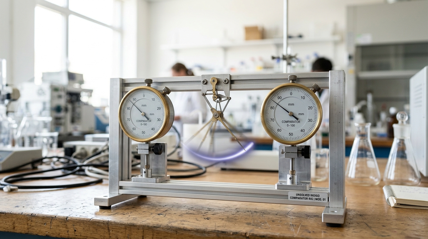 A twin-dial comparator instrument on a bench between a device-tier rack of boxed phones and a wheeled cart carrying a slice of server rack, its two needles caught overlapping at the same reading