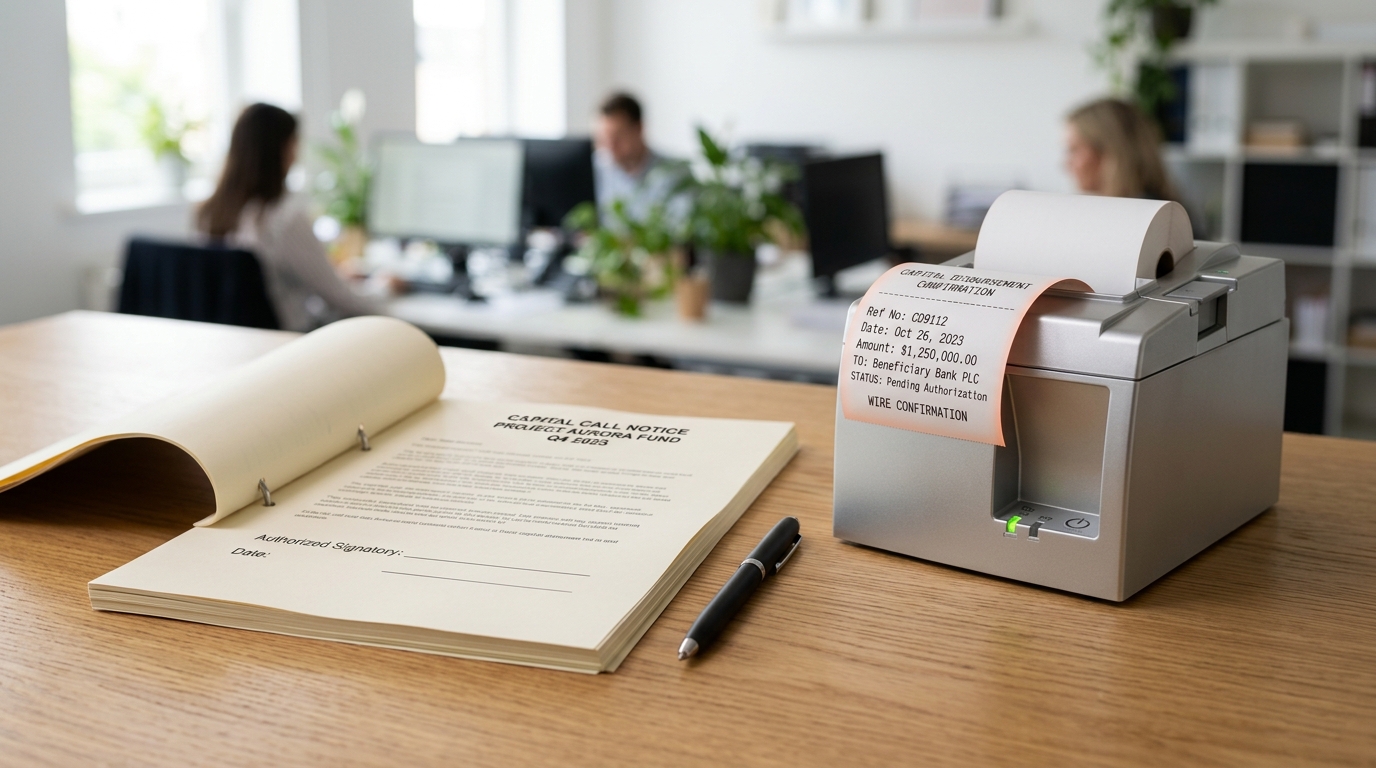 A capital-disbursement desk with a stack of signed capital-call notices, the top notice's signature line still blank, beside a wire-transfer confirmation slip curling from a receipt printer