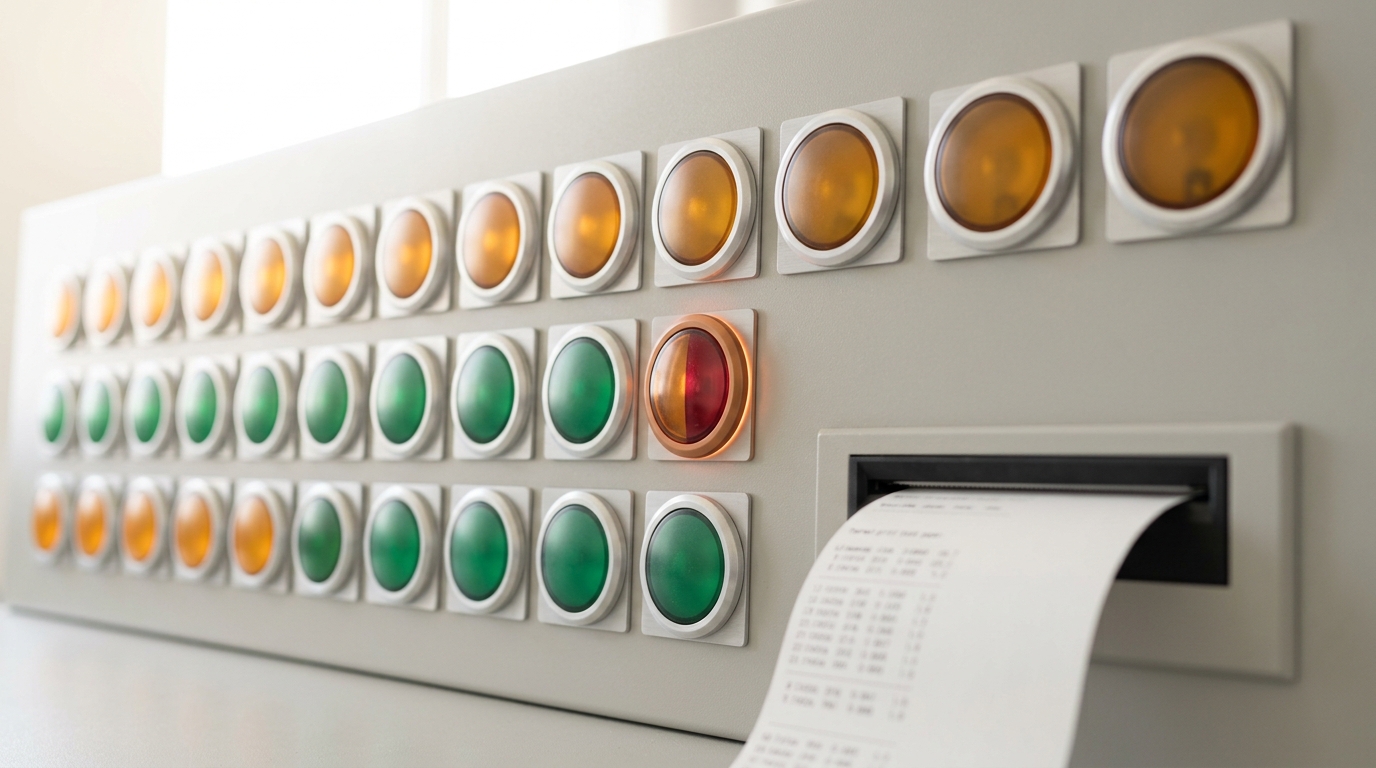 A grid-interconnection load console with a row of annunciator lamps, one lamp caught mid-change from amber to red as a new load block is accepted onto the bus, a paper printout curling from a feed below it