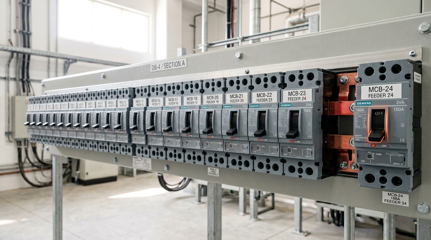 A row of moulded-case breakers in a switchgear panel, most set and closed, one at the end standing open on a position labelled for future load