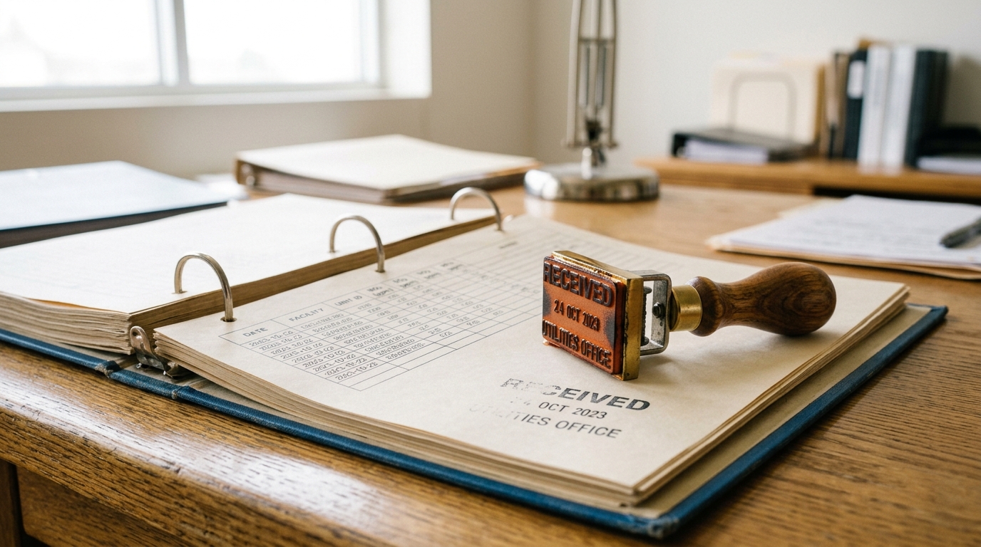 A utility permit-filing desk with a ring binder open to an emissions table, a date-received stamp tipped on its side with its impression only half-transferred onto the page, an open ink pad beside it