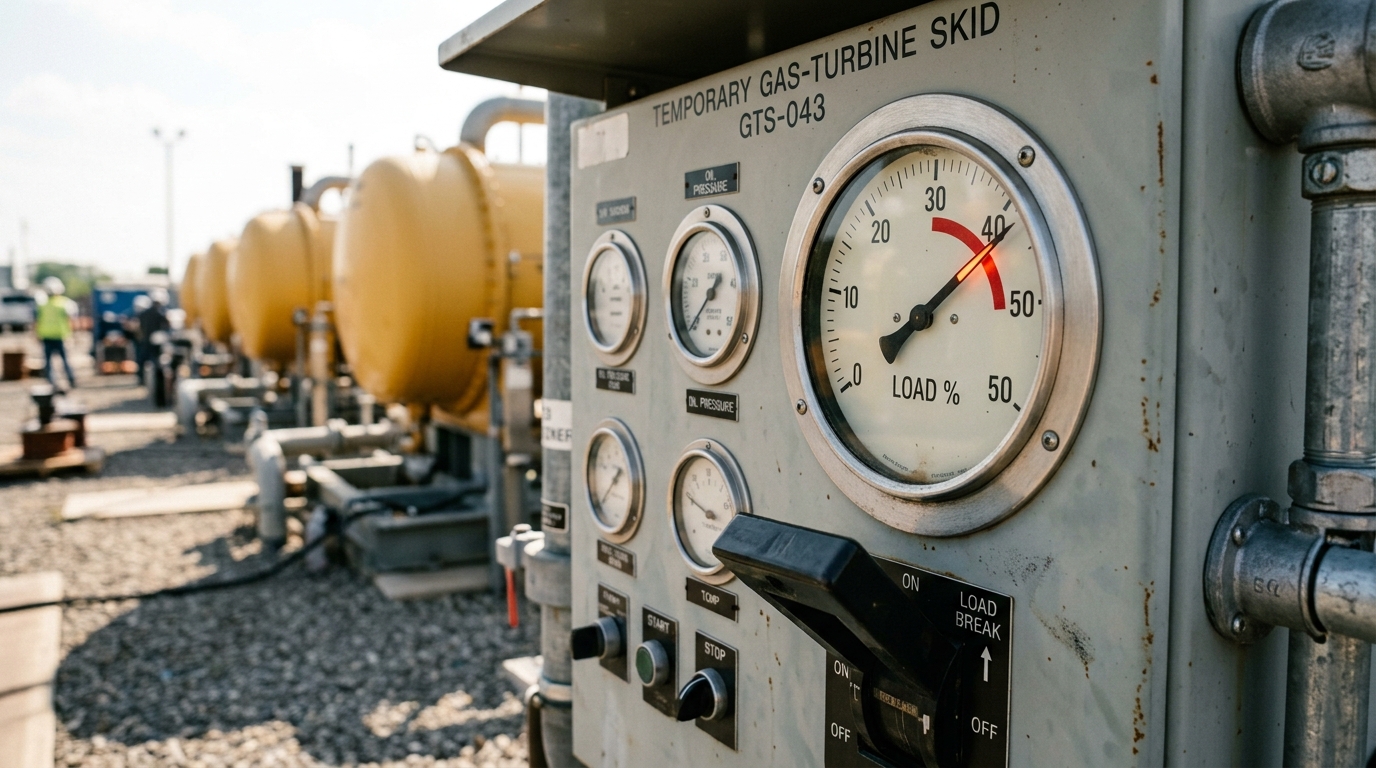 An analogue load gauge on a temporary gas-turbine skid's control panel, its needle swinging past a painted red permitted-limit line, a breaker handle beside it caught mid-throw