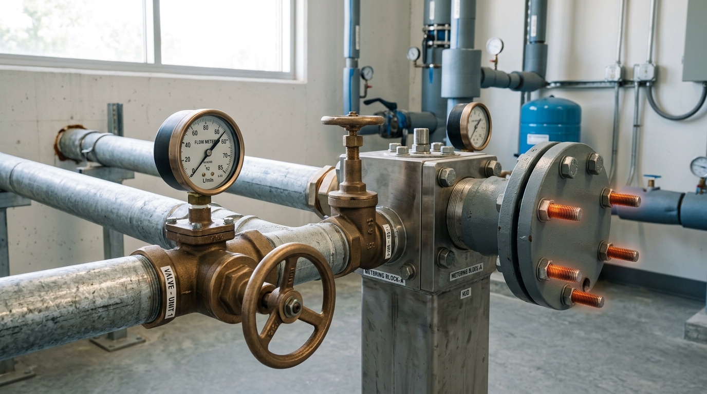 A water-metering manifold where two pipe runs meet, one flow meter's needle live and swinging on the aquifer intake line, the second run ending at a bolted blank flange with only three of six bolts drawn up