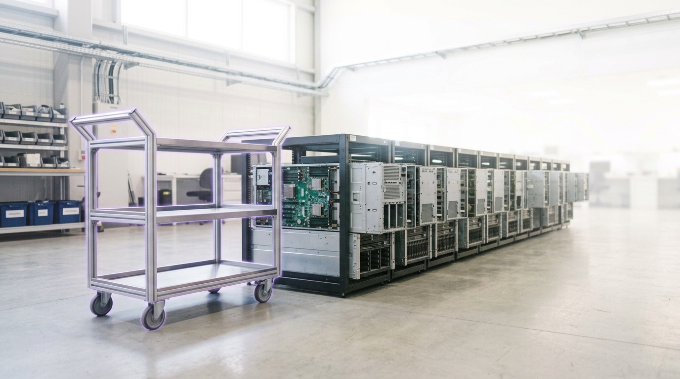 A row of retired server trays in bright daylight beside a wall- mounted countdown clock showing elapsed time since a retirement decision, a technician's hand-free cart caught arriving to move the first tray toward recovery