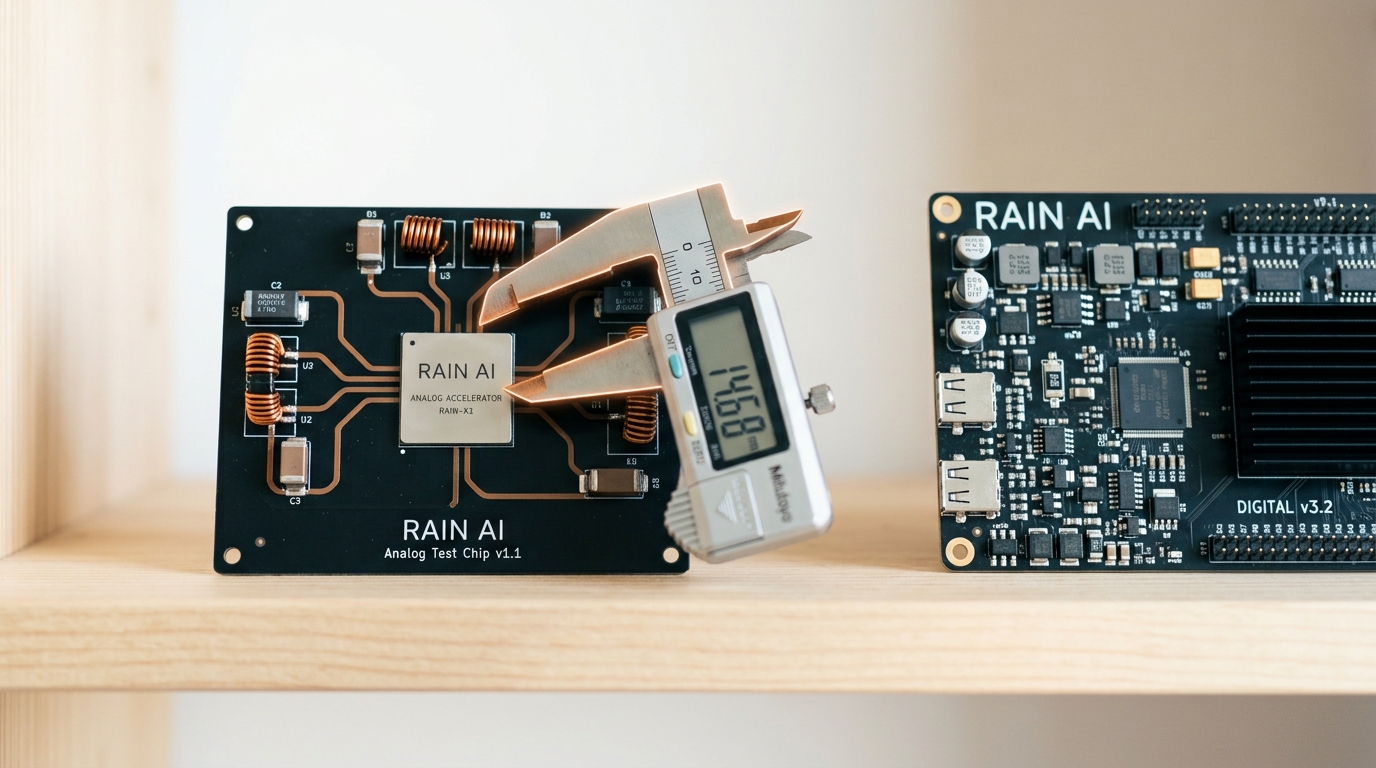 A certified recovery station on a bright bench with a circuit board partially disassembled, small reclaimed metal samples arranged beside it, a technician's probe caught testing the board's next connection point