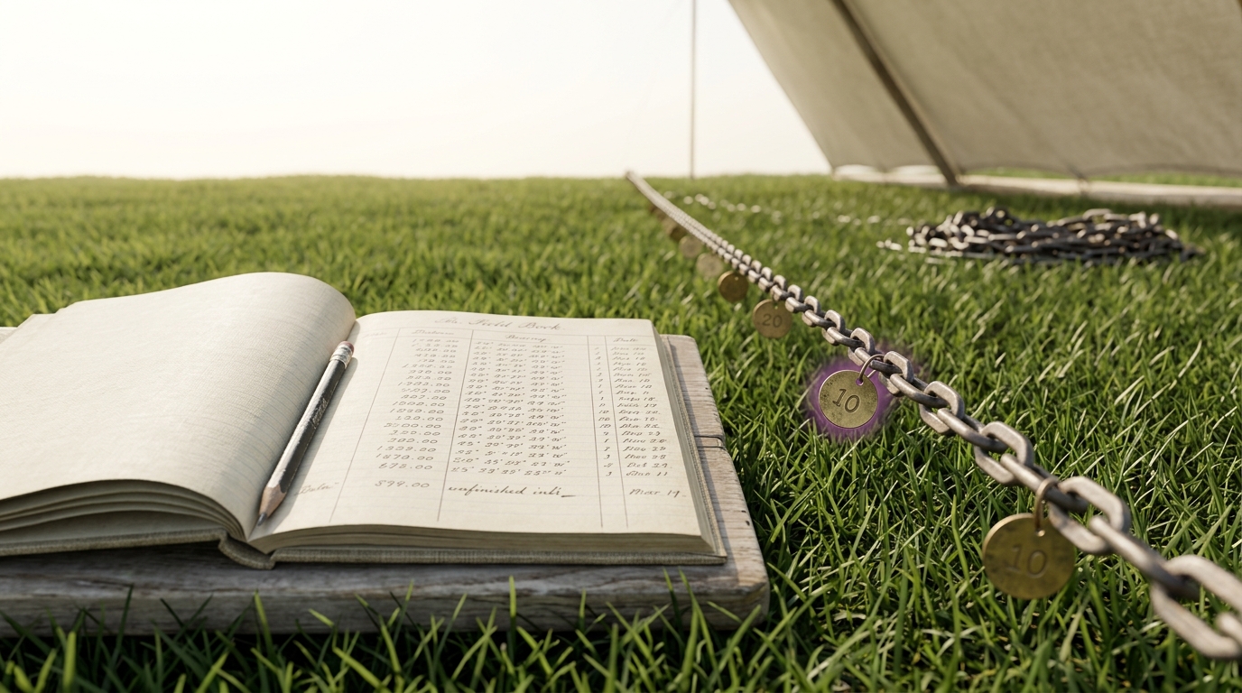 An iron surveyor's chain drawn partway across cropped grass with stamped brass tally tags along it, running past an open field book whose ruled columns carry part-written ink entries with the last line broken off