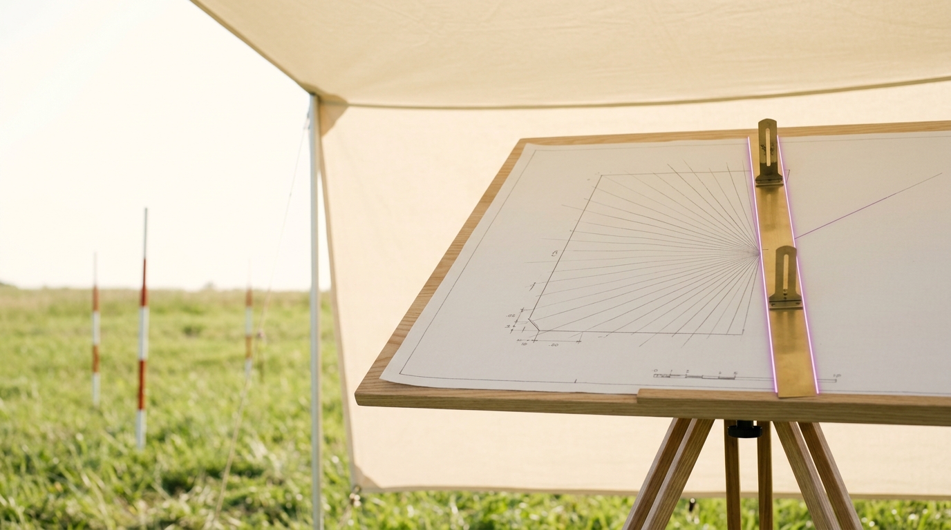 A plane table under a canvas shade carrying a sheet already plotted with radiating survey rays and a part-drawn parcel outline, the brass alidade set on a fresh bearing and one pencilled ray running out short of its corner