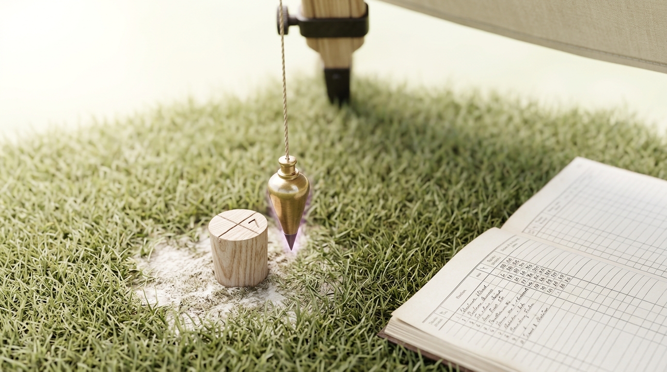 A brass plumb bob still swinging above a driven peg whose crown carries a scribed cross and cut station numeral, its point hanging clear of the cross, an open register page ruled into columns of inked entries weighted on the turf beside it