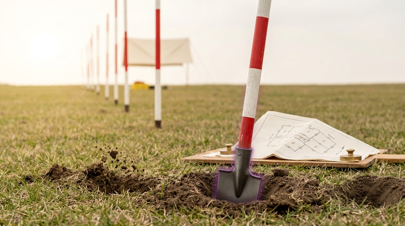 A compressed run of red-and-white banded ranging poles across cropped grass, the nearest standing off plumb in a fresh hole with soil still crumbling, a weighted cadastral plan sheet with inked parcel outlines lying on a board behind it