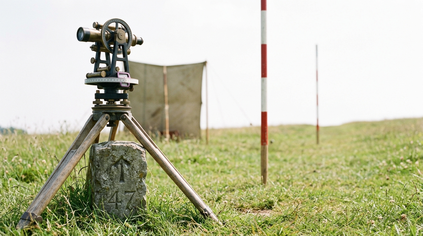 A brass and blackened-steel theodolite on an ash tripod standing over a weathered limestone boundary stone cut with a broad-arrow mark, its graduated horizontal circle still turning past the vernier index with the clamp open