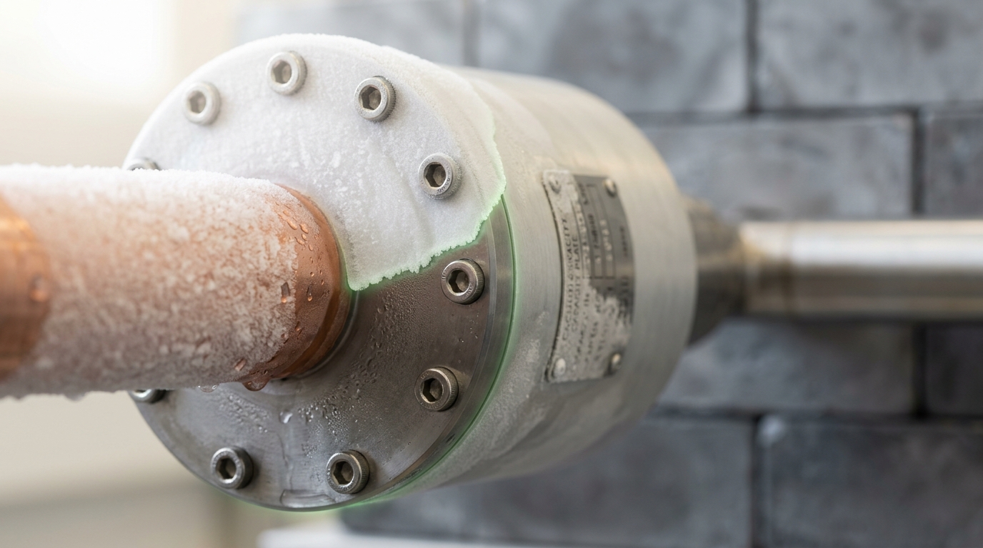The frosted copper cold finger of a liquid-nitrogen dewar feeding a germanium detector housing, its frost boundary still creeping lower past the last ring of mounting bolts