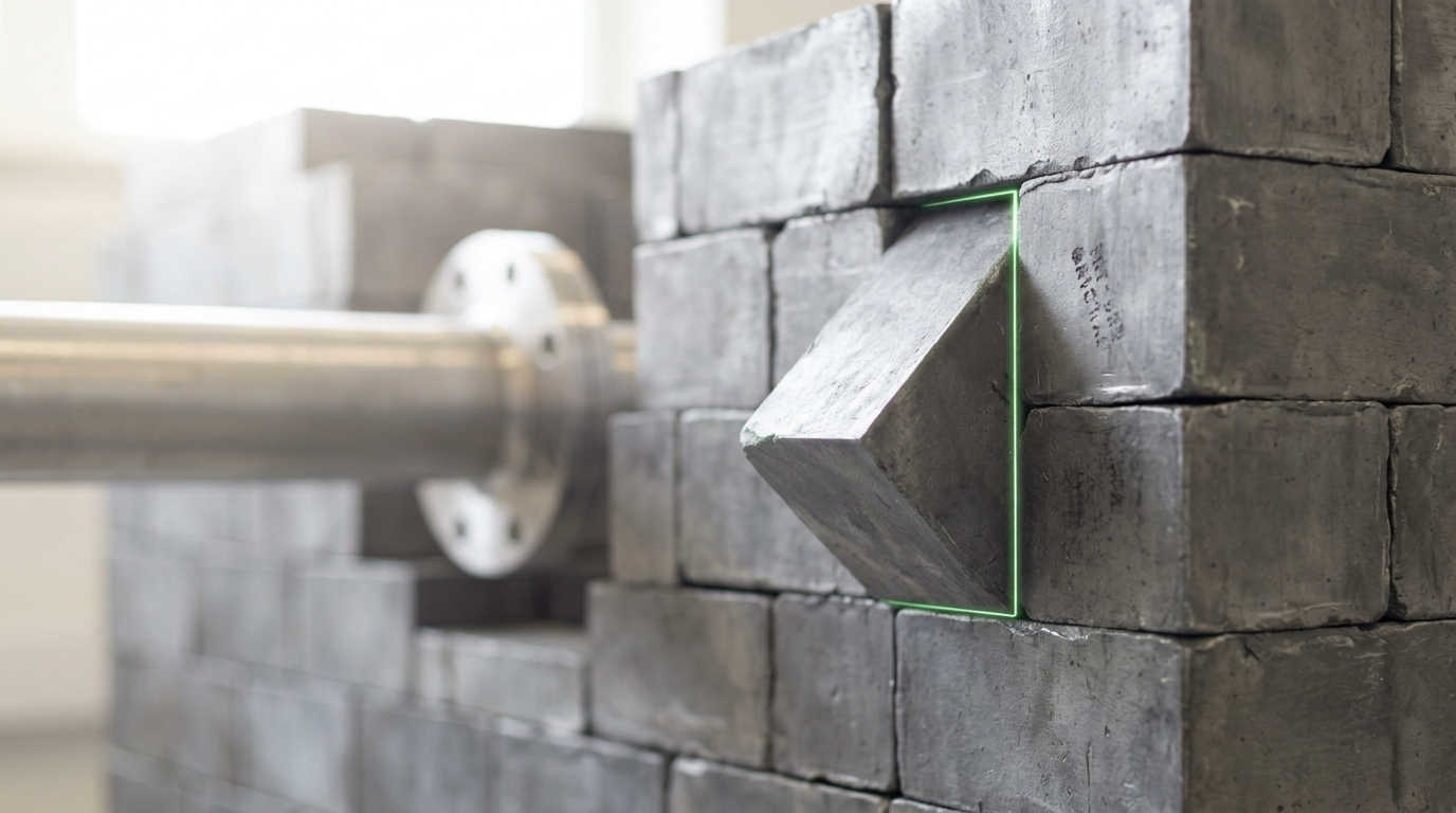 A lead-brick shielding castle around a target chamber, one brick lifted and angled mid-lower into its course, a sliver of gap still open along its near edge