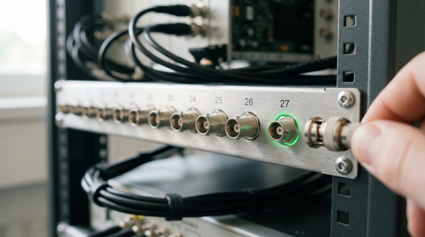 A patch panel of coaxial connectors on a digitizer rack, one connector held a hair from its socket, not yet seated, with the rest of the panel's cabling already run behind it