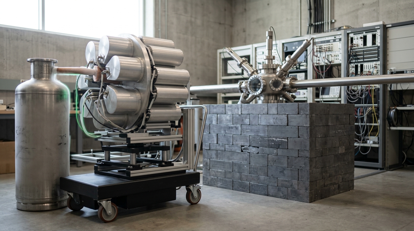 A germanium detector array on a cart being rolled the last few inches into alignment beside a liquid-nitrogen dewar whose frost line is still creeping down the cold finger, a lead-brick shielding stack and a beamline target chamber receding into soft focus behind