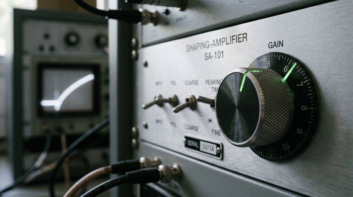 A shaping-amplifier module in an electronics rack, its knurled gain dial caught mid-turn between two etched marks, a small trace display elsewhere in the rack glowing softly out of focus behind it