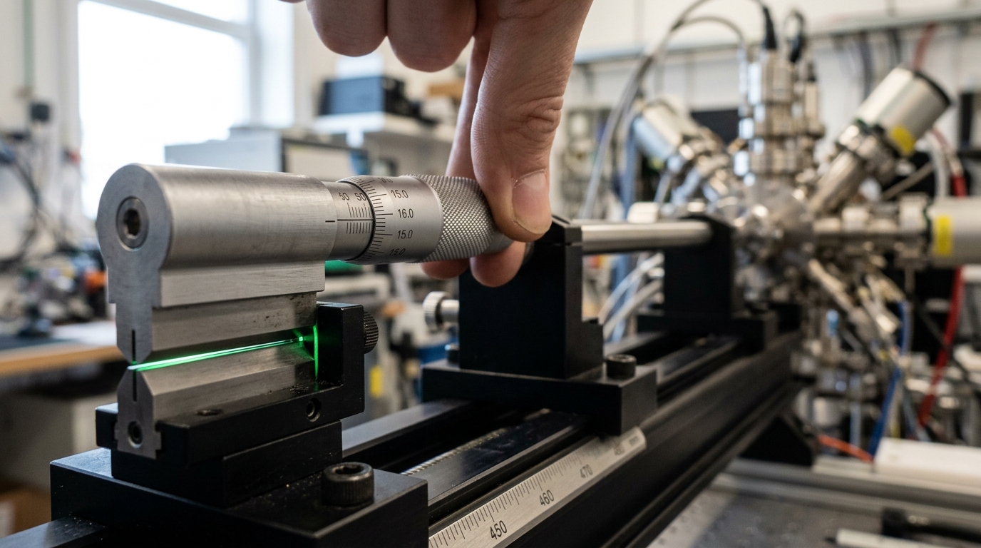 A beamline slit-collimator assembly with its fine micrometer adjustment screw caught mid-turn, the slit jaws just beginning to close by a hair