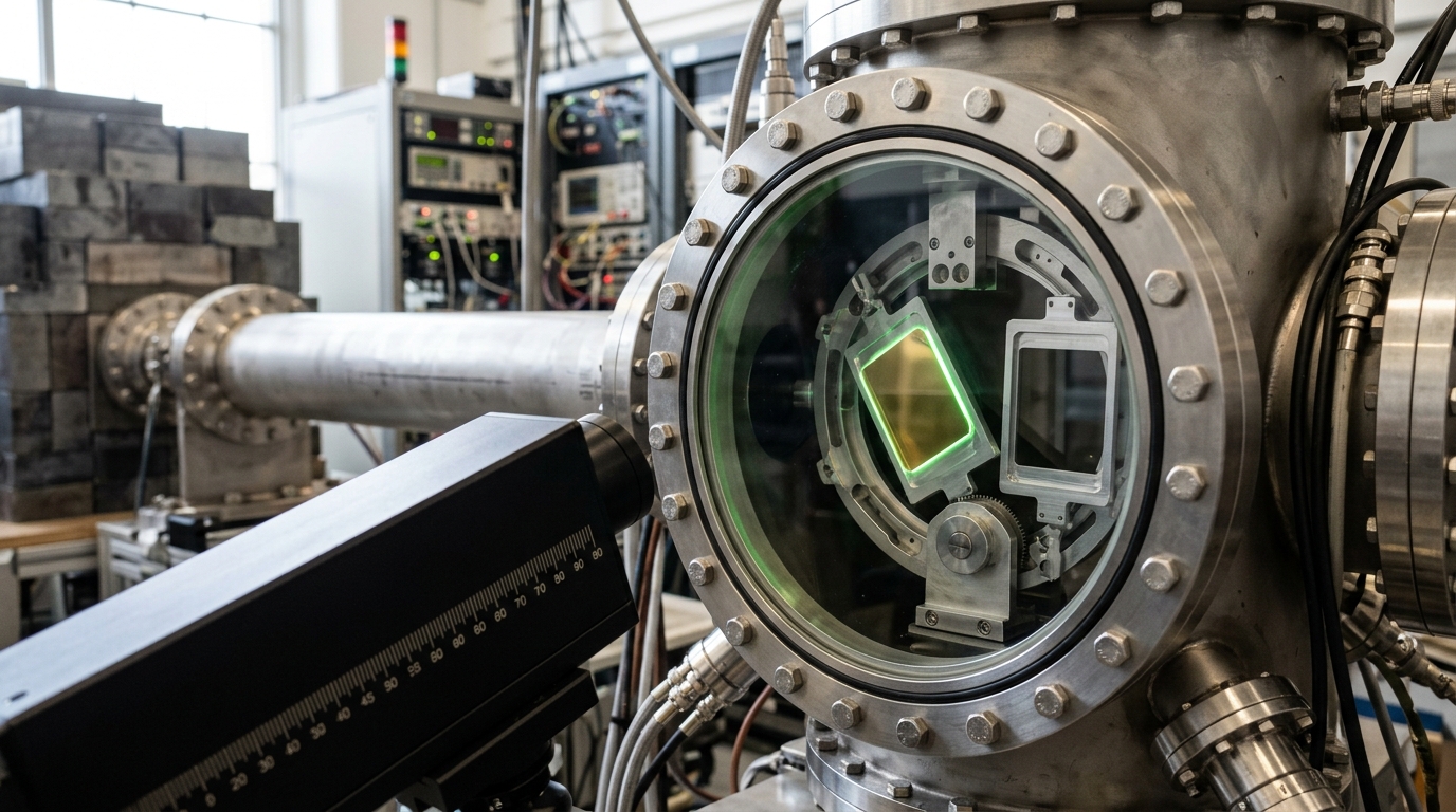 An in-vacuum target chamber ringed by silicon-detector telescope arms on a beamline, its small multi-position target ladder caught mid-rotation with a fresh foil still swinging toward the beam spot