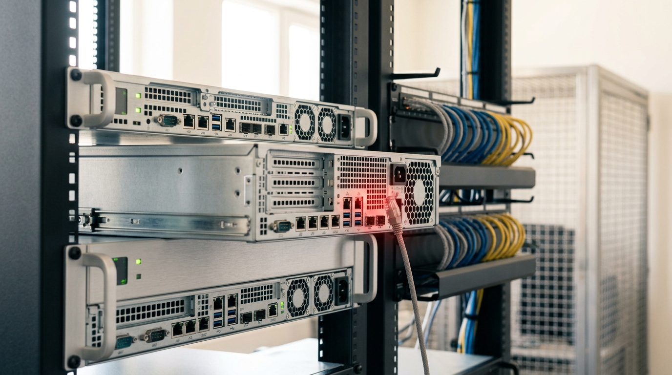 A rack-mounted input/output classifier appliance caught half-seated on its rails inline with the live API traffic patch panel, one patch cable not yet terminated