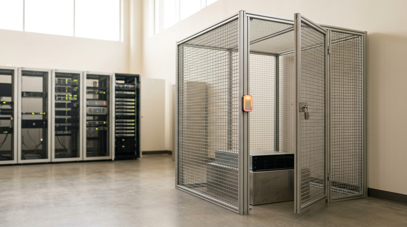 A badge-gated aluminium mesh cage standing ajar around an isolated evaluation server, its access-reader light still amber and its rack door not yet swung shut