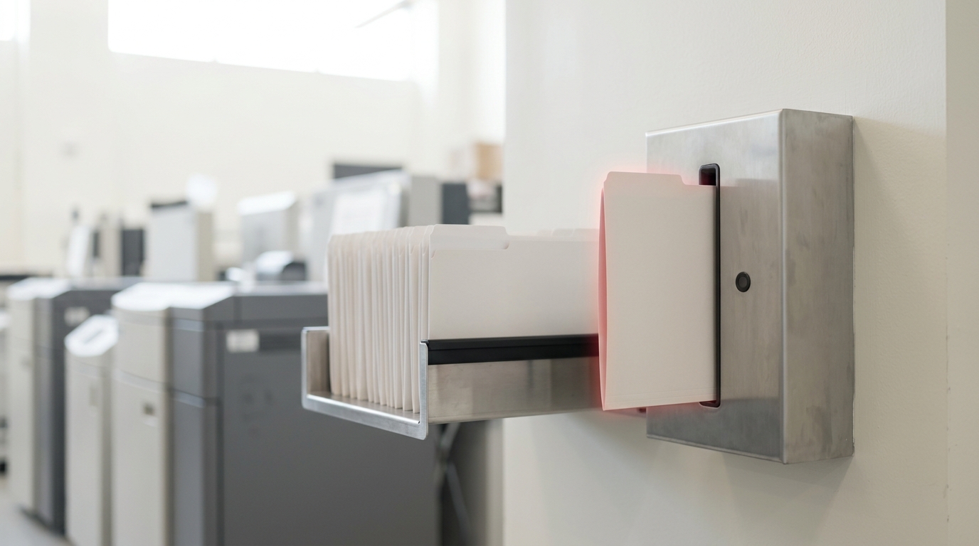 A pale card-stock report folder caught half-slid into a wall-mounted intake slot, its edge still proud of the mouth and the slot's indicator not yet lit