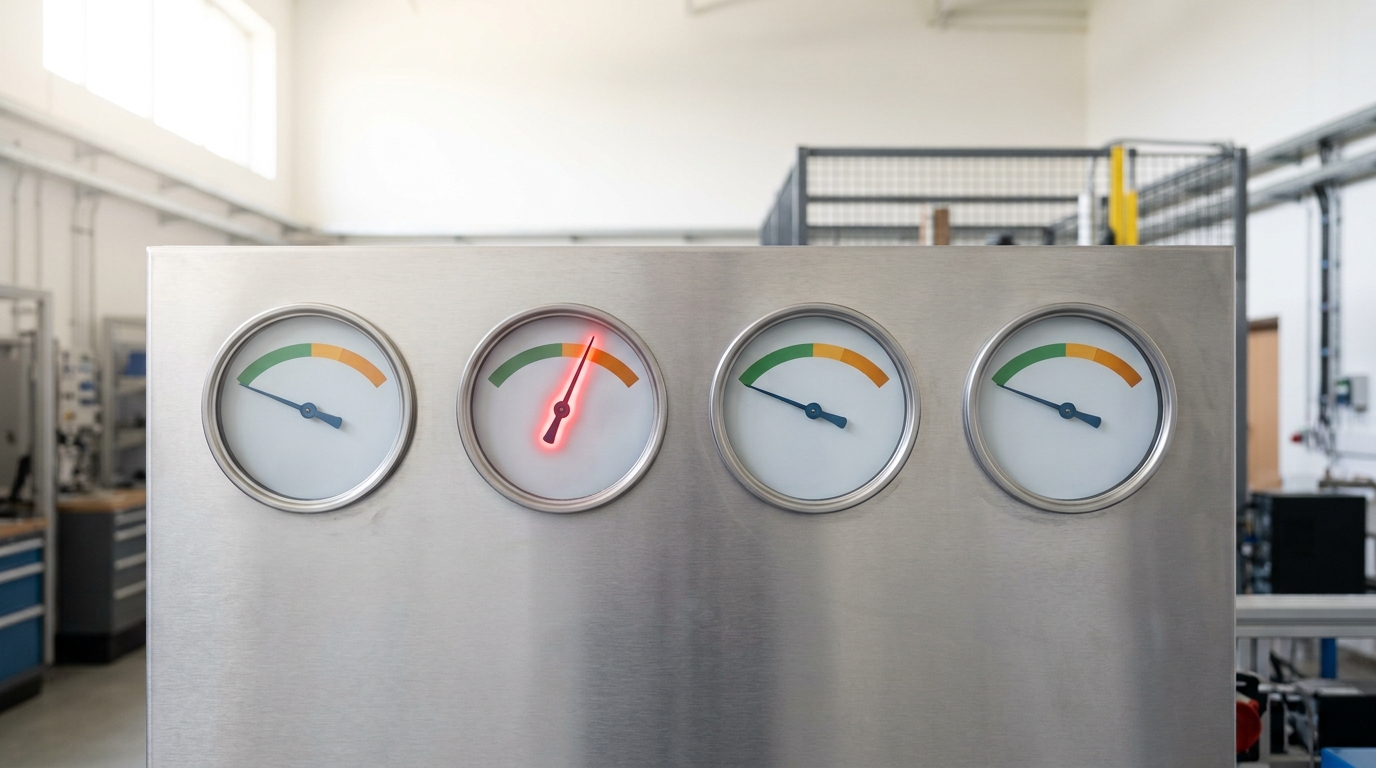 A bank of analogue capability-threshold gauges on an instrument panel, one needle caught mid-swing across the boundary into the amber band while its neighbours sit steady in the green