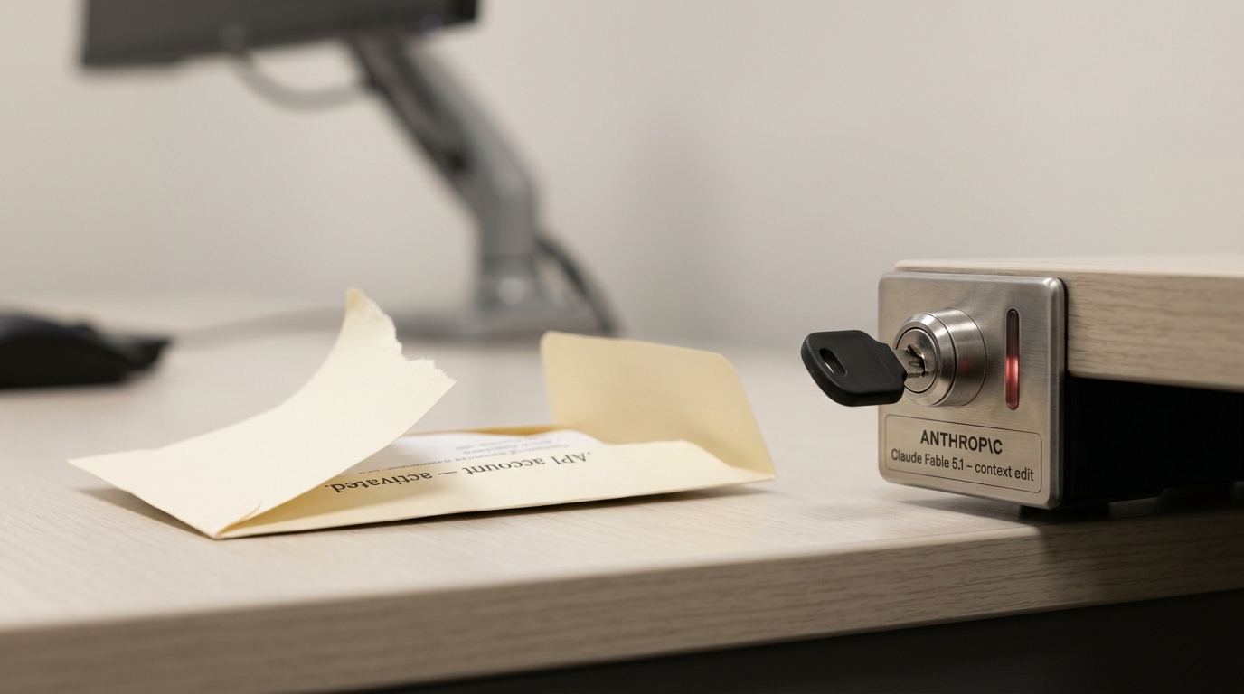 A small hardware key caught mid-turn in a context-edit lock mounted beside a workstation, its indicator light half-risen between locked and unlocked, a torn API-account activation envelope beside it