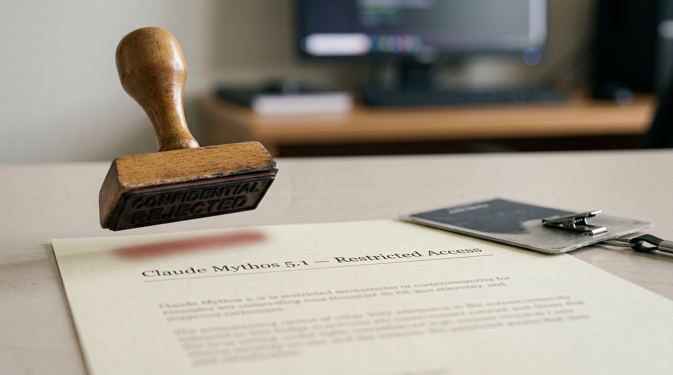 A restricted-access credential badge on the evaluation-room desk being stamped onto an access-restriction notice for Claude Mythos 5.1, the stamp caught just above the paper and not yet pressed down