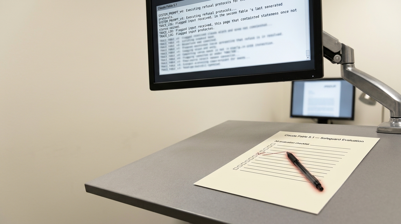 A red-team evaluator's desk at night with a refusal-trace log scrolling on the main screen above a printed evaluation checklist, one line item caught mid-tick with the pen still resting on it