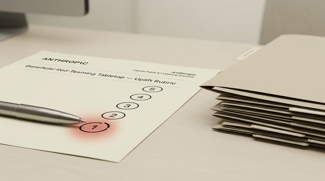 A printed biology tabletop-exercise scoring rubric on the evaluation desk, one uplift-score box caught mid-circle with the pen not yet lifted, beside a stack of five identical badge folders