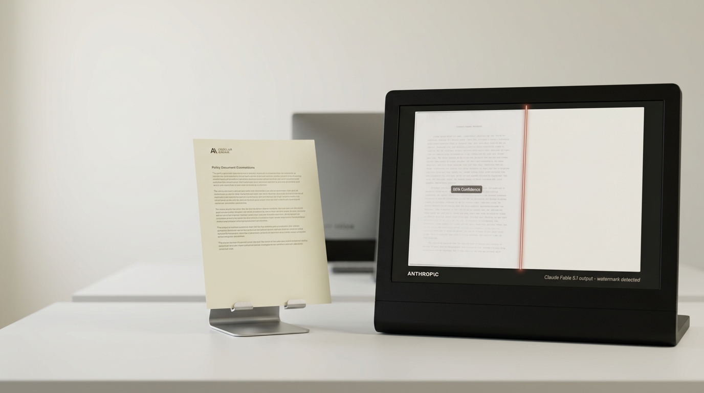 A detection-terminal screen on the evaluation desk mid-way through scanning a printed page for an invisible watermark, half the page resolved into a confidence readout and half still plain text, an Anthropic-branded policy printout propped beside it