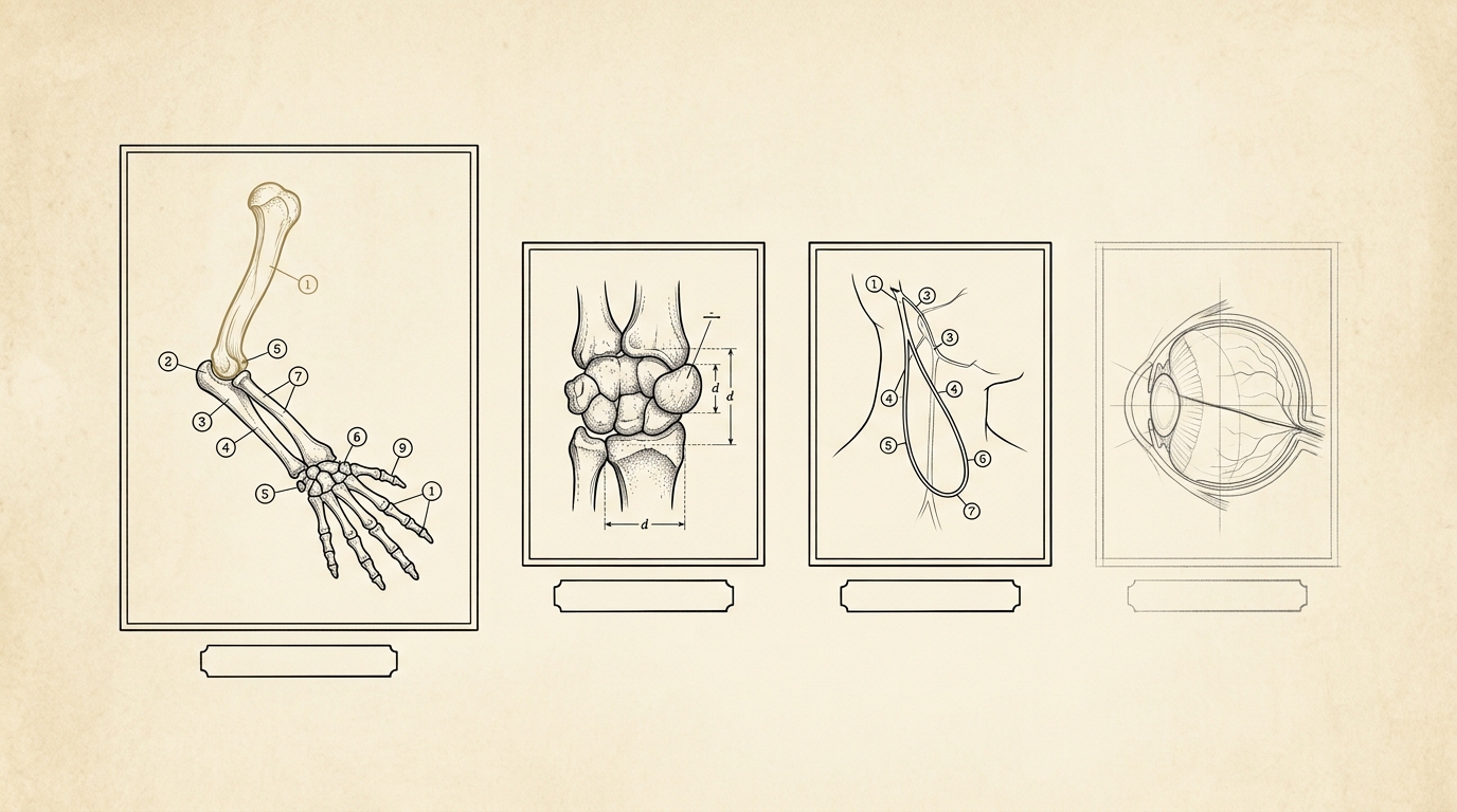 A comparative plate on cream vellum gathering four small framed measured drawings, a forelimb skeleton, a wrist joint, a looping nerve path and a sectioned retina, in one row, the forelimb panel's shared bone glowing bone ivory
