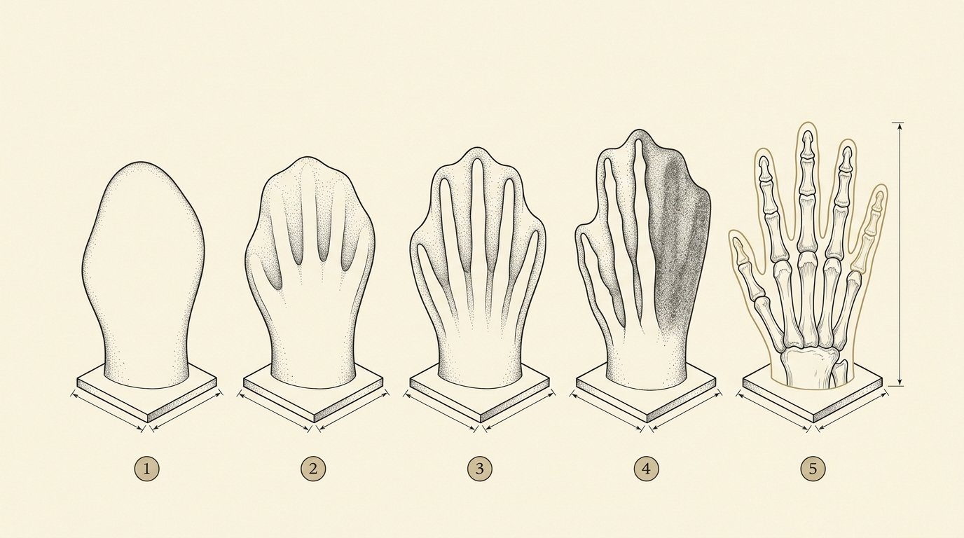 A sequence plate showing five successive stages of a limb bud's digit condensation from a smooth cartilage paddle to five separated digit rays, drawn left to right on cream vellum, the rightmost fully formed digit ray glowing bone ivory