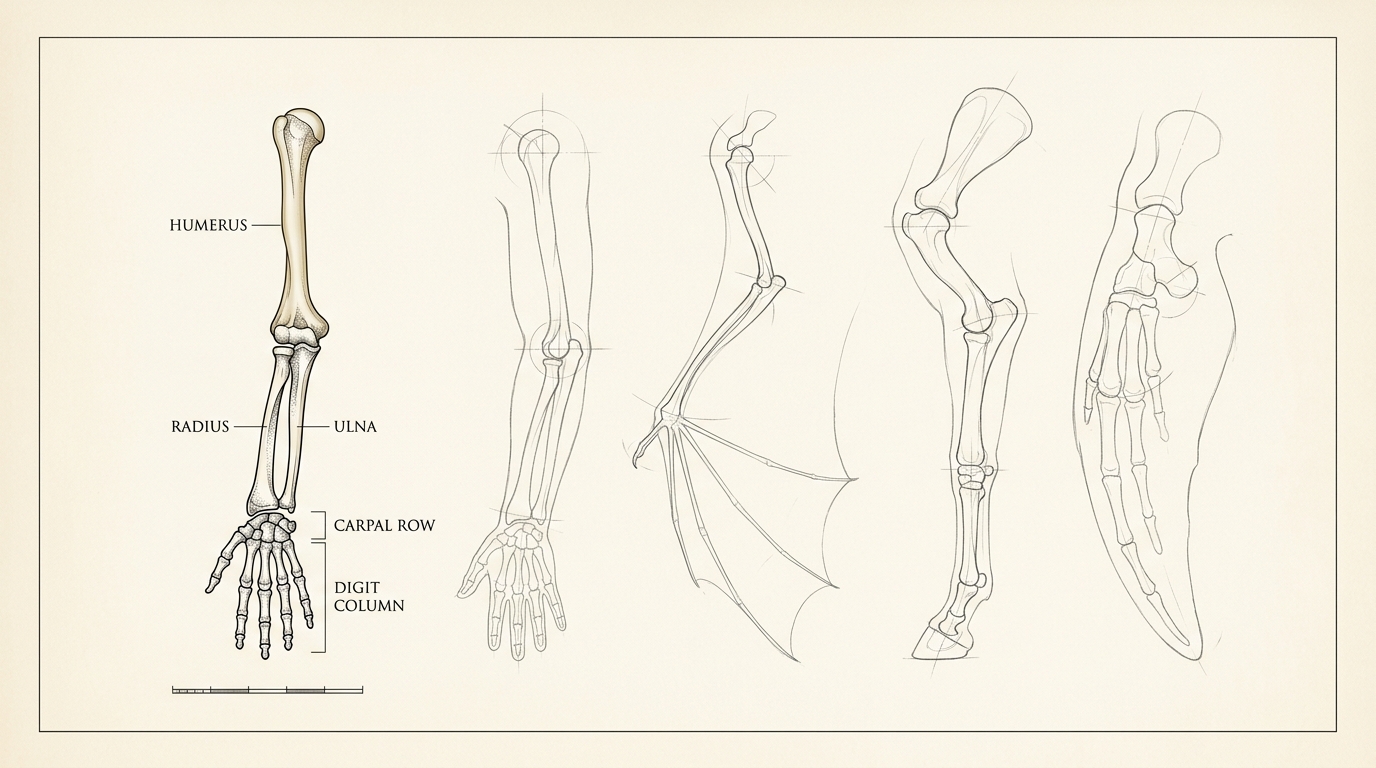 An orthographic plate on cream vellum showing Richard Owen's 1849 vertebrate archetype limb fully inked at centre, with four thin ghost outlines of a human arm, a bat wing, a horse leg and a whale flipper radiating from it in graphite, the archetype's humerus glowing bone ivory