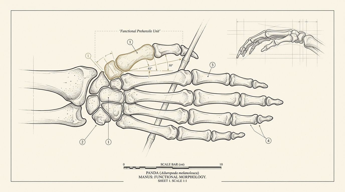 A measured record drawing of a giant panda's wrist and hand skeleton on cream vellum, the enlarged radial sesamoid and accessory carpal dimensioned as a double-pincer grip against the palm, the sesamoid glowing bone ivory