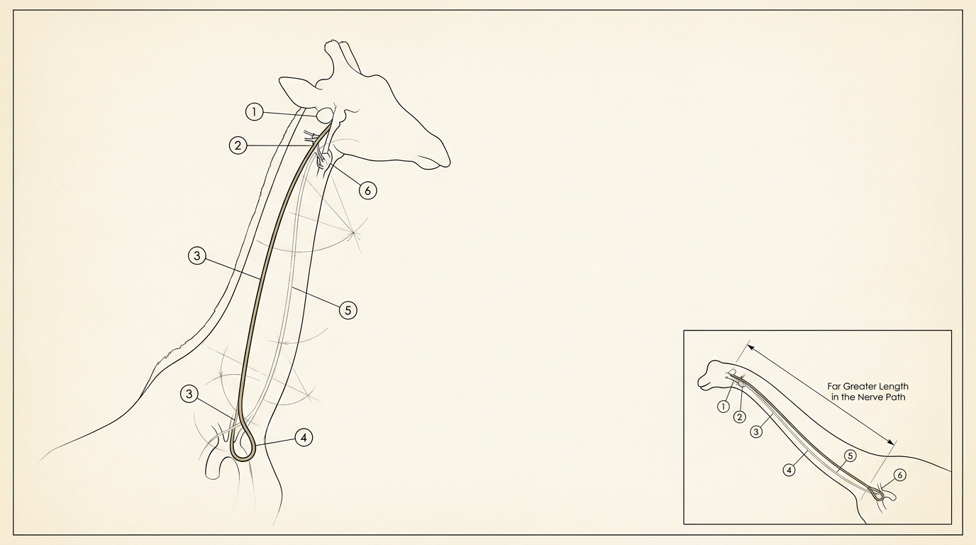 A patent-style figure on cream vellum tracing the recurrent laryngeal nerve's path in a giraffe with numbered part roundels from brainstem down to the aortic arch and back up to the larynx, the looping return path glowing bone ivory