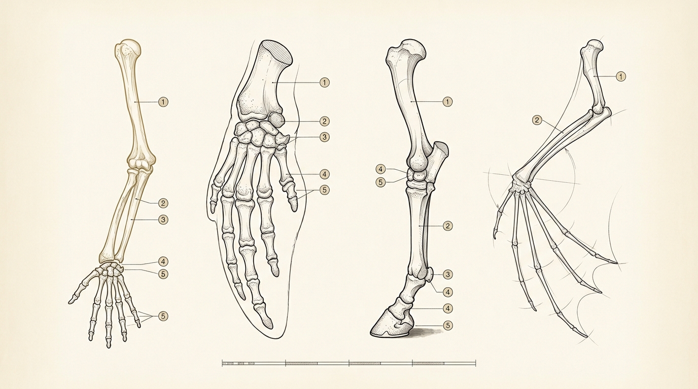 A comparative plate on cream drafting vellum drawing a bat wing, a whale flipper, a horse leg and a human arm to one common scale, each skeleton's matching bones marked with the same numbered roundels, the human arm's humerus glowing bone ivory while the rest of the sheet stays monochrome ink and graphite