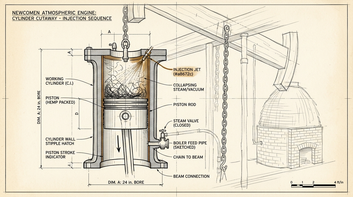 A sectioned cutaway through a Newcomen atmospheric engine cylinder at the instant the cold-water injection jet fires into the steam-filled bore, the chilled cast-iron wall picked out in brass ink wash while the piston, beam linkage and boiler below are rendered in plain monochrome line work