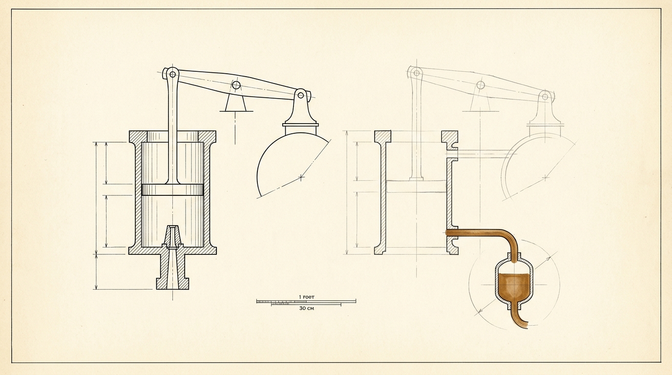 Two engine cross-sections drawn side by side to one common scale on the same sheet, Newcomen's single working cylinder on the left and Watt's matching cylinder on the right connected by a pipe to a small separate vessel, that vessel and its connecting pipe picked out in brass ink