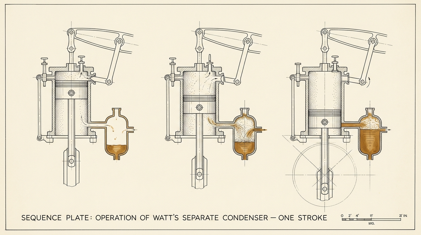 Three small sectioned views of the Watt engine arranged left to right across one sheet showing successive stages of a single stroke, the working cylinder remaining hot and clear in every view while a separate vessel beside it fills with condensing steam, picked out in brass ink