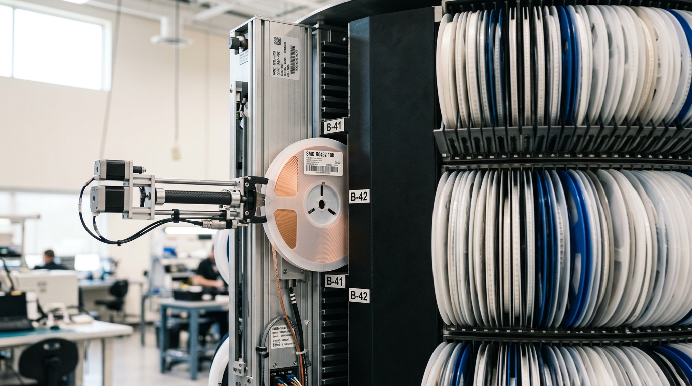 A rotating reel-storage carousel with a retrieval arm caught mid-extension, pulling one reel free while the rest of the carousel's racked reels stand undisturbed in the background