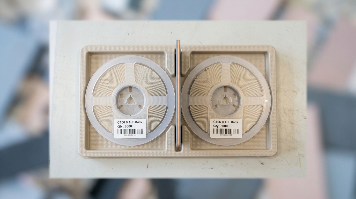A component tray holding two outwardly identical small reels, a partition divider caught mid-slide into the tray to separate them before they are placed in the same bin