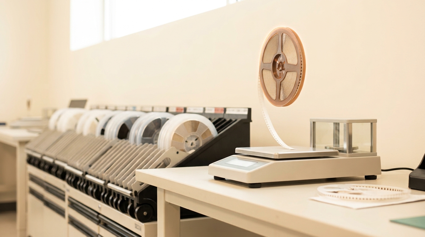 A precision electronics counting scale in a bright lab, a tape-and-reel of small components caught mid-lower onto its pan, not yet settled, with a long feeder bank standing in soft focus behind it