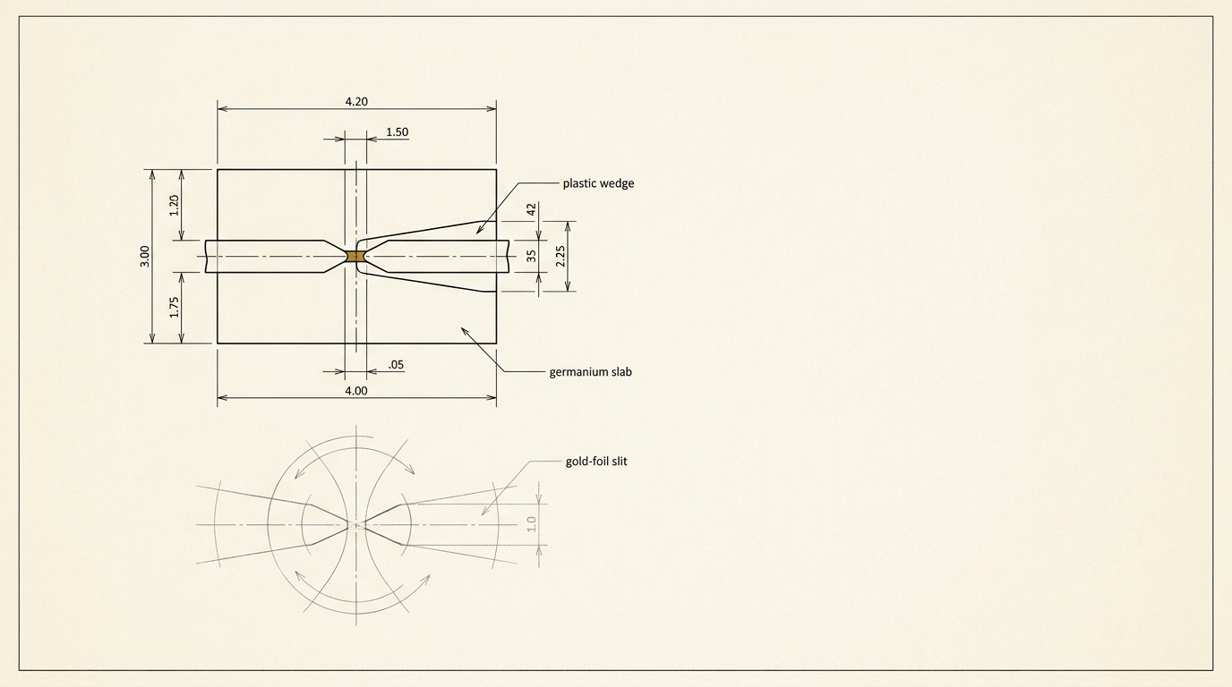 A measured record drawing of the December 1947 point-contact transistor apparatus: a small germanium slab, a plastic wedge holding a slit strip of gold foil pressed onto its surface, with dimension lines marking the narrow gap between the two gold contact points, and a magnified detail view still in graphite construction lines below it