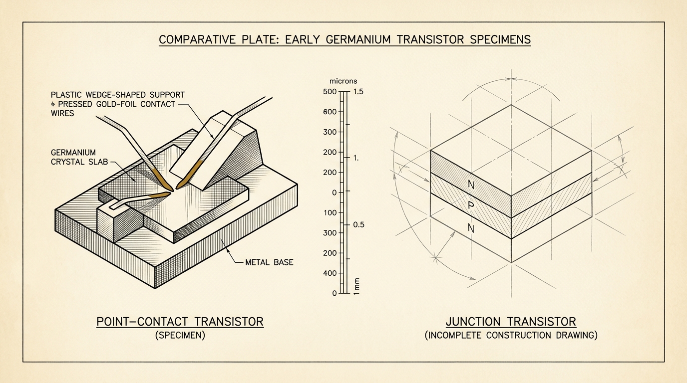 A comparative plate drawn to one common scale showing the point-contact transistor's pressed gold-foil contact assembly beside the junction transistor's solid layered germanium sandwich, still partly in construction lines